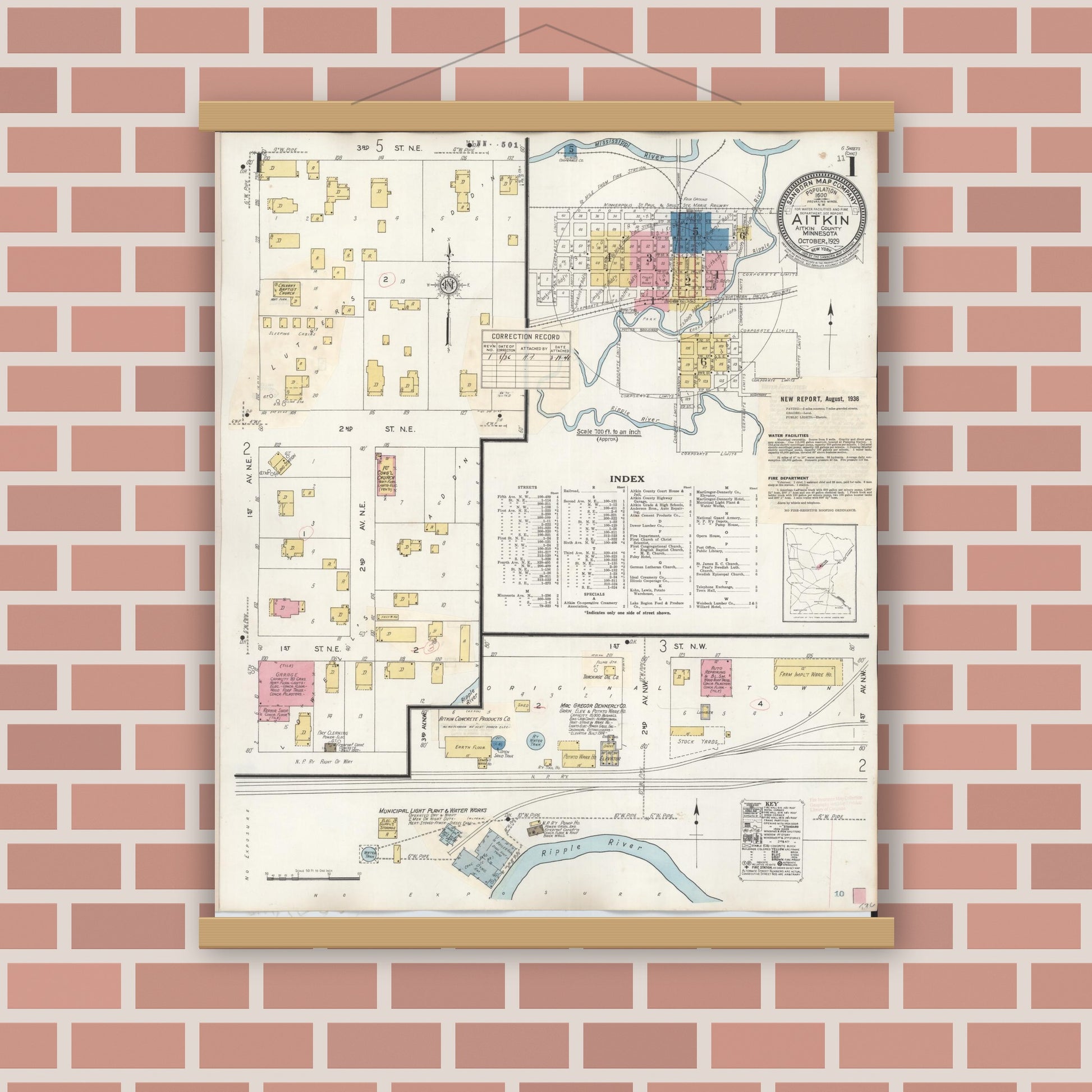 Old map wall art mockup — magnetic wood frame on brick wall — Sanborn Fire Insurance Map from Aitkin, Aitkin County, Minnesota (1936), Sheet #0001