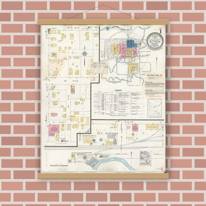 Old map wall art mockup — magnetic wood frame on brick wall — Sanborn Fire Insurance Map from Aitkin, Aitkin County, Minnesota (1936), Sheet #0001