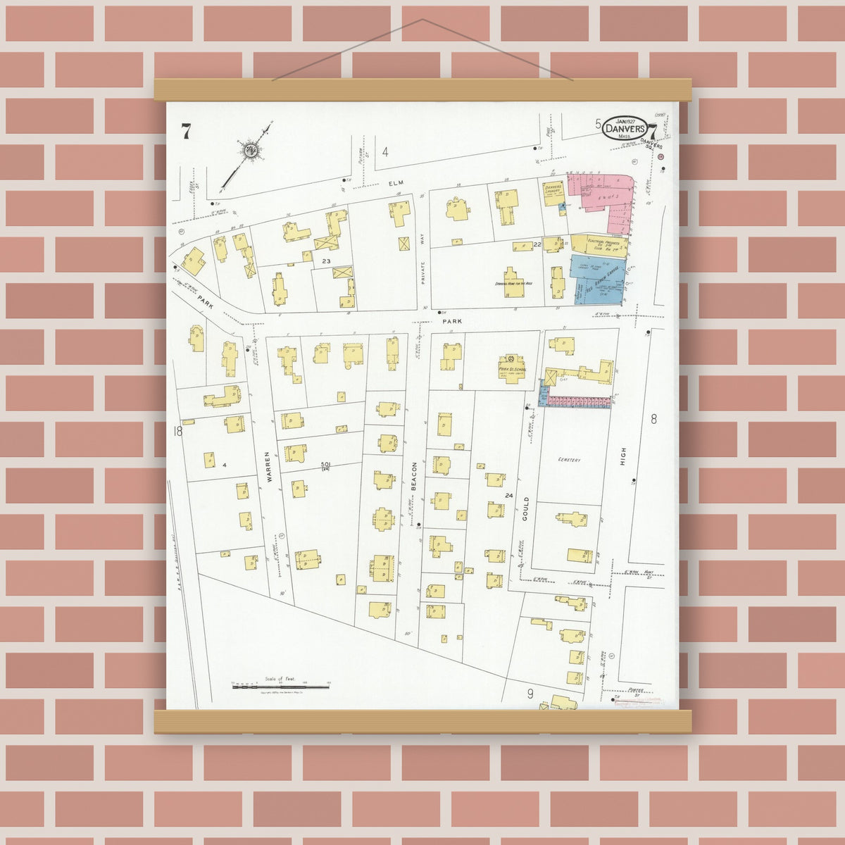 Old map wall art mockup — magnetic wood frame on brick wall — Sanborn Fire Insurance Map from Danvers, Essex County, Massachusetts (1927), Sheet #0007