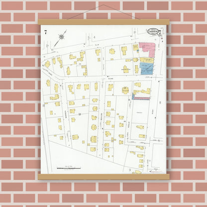 Old map wall art mockup — magnetic wood frame on brick wall — Sanborn Fire Insurance Map from Danvers, Essex County, Massachusetts (1927), Sheet #0007
