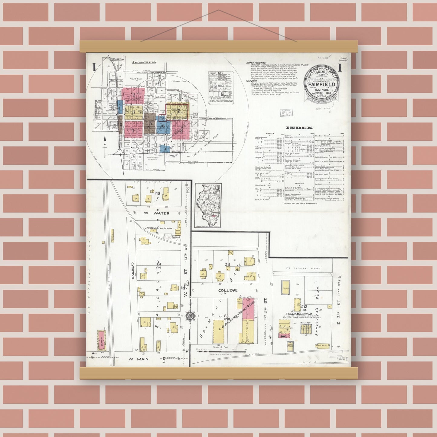 Old map wall art mockup — magnetic wood frame on brick wall — Sanborn Fire Insurance Map from Fairfield, Wayne County, Illinois (1923), Sheet #0001