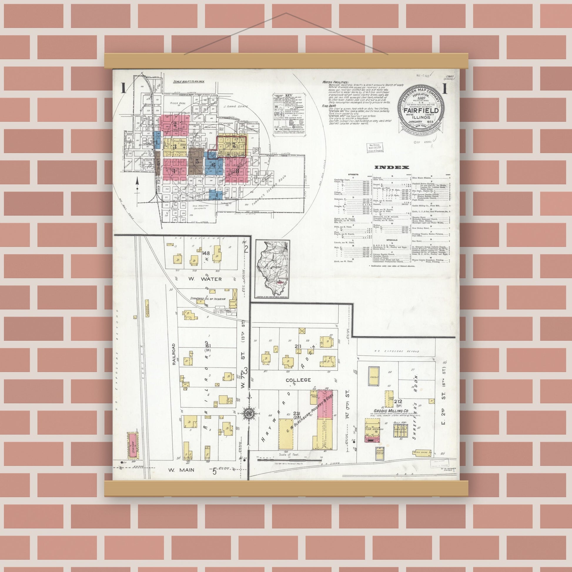 Old map wall art mockup — magnetic wood frame on brick wall — Sanborn Fire Insurance Map from Fairfield, Wayne County, Illinois (1923), Sheet #0001