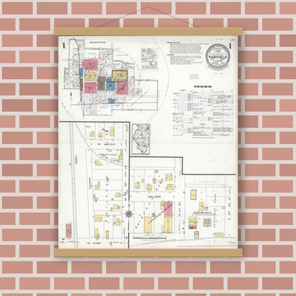 Old map wall art mockup — magnetic wood frame on brick wall — Sanborn Fire Insurance Map from Fairfield, Wayne County, Illinois (1923), Sheet #0001