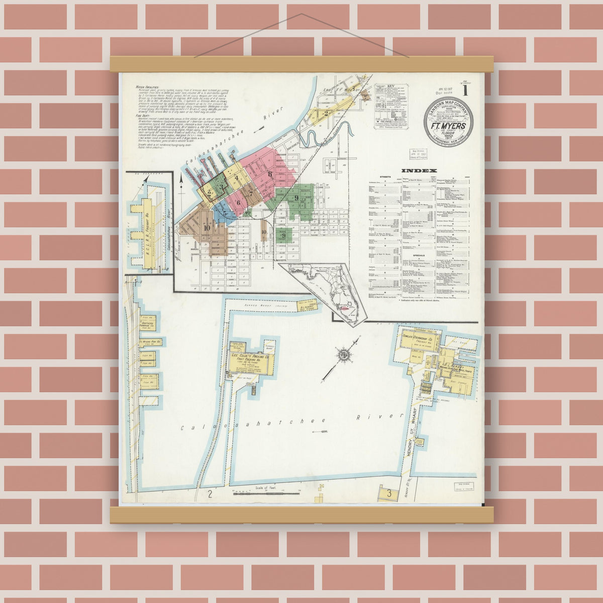 Old map wall art mockup — magnetic wood frame on brick wall — Sanborn Fire Insurance Map from Fort Myers, Lee County, Florida (1917) - Complete Map Set