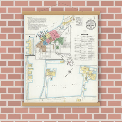 Old map wall art mockup — magnetic wood frame on brick wall — Sanborn Fire Insurance Map from Fort Myers, Lee County, Florida (1917) - Complete Map Set