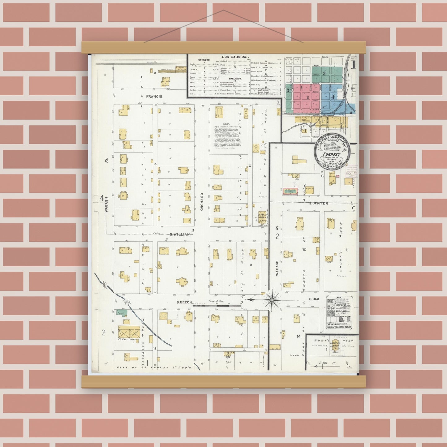 Old map wall art mockup — magnetic wood frame on brick wall — Sanborn Fire Insurance Map from Forrest, Livingston County, Illinois (1906), Sheet #0001