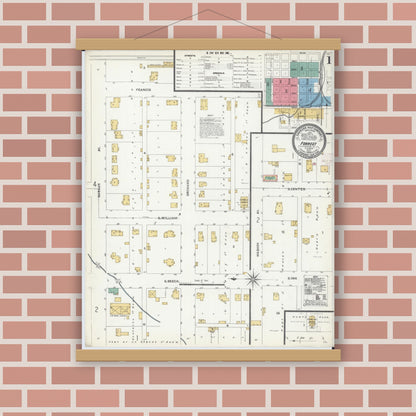 Old map wall art mockup — magnetic wood frame on brick wall — Sanborn Fire Insurance Map from Forrest, Livingston County, Illinois (1906), Sheet #0001
