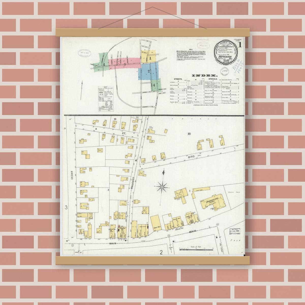 Old map wall art mockup — magnetic wood frame on brick wall — Sanborn Fire Insurance Map from Hopkinton, Middlesex County, Massachusetts (1899) - Complete Map Set