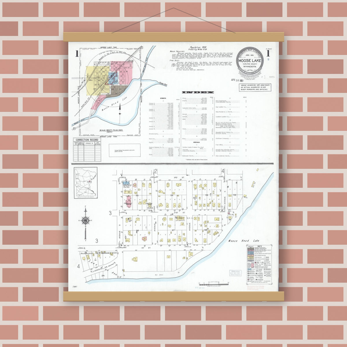 Old map wall art mockup — magnetic wood frame on brick wall — Sanborn Fire Insurance Map from Moose Lake, Carlton County, Minnesota (1951) - Complete Map Set