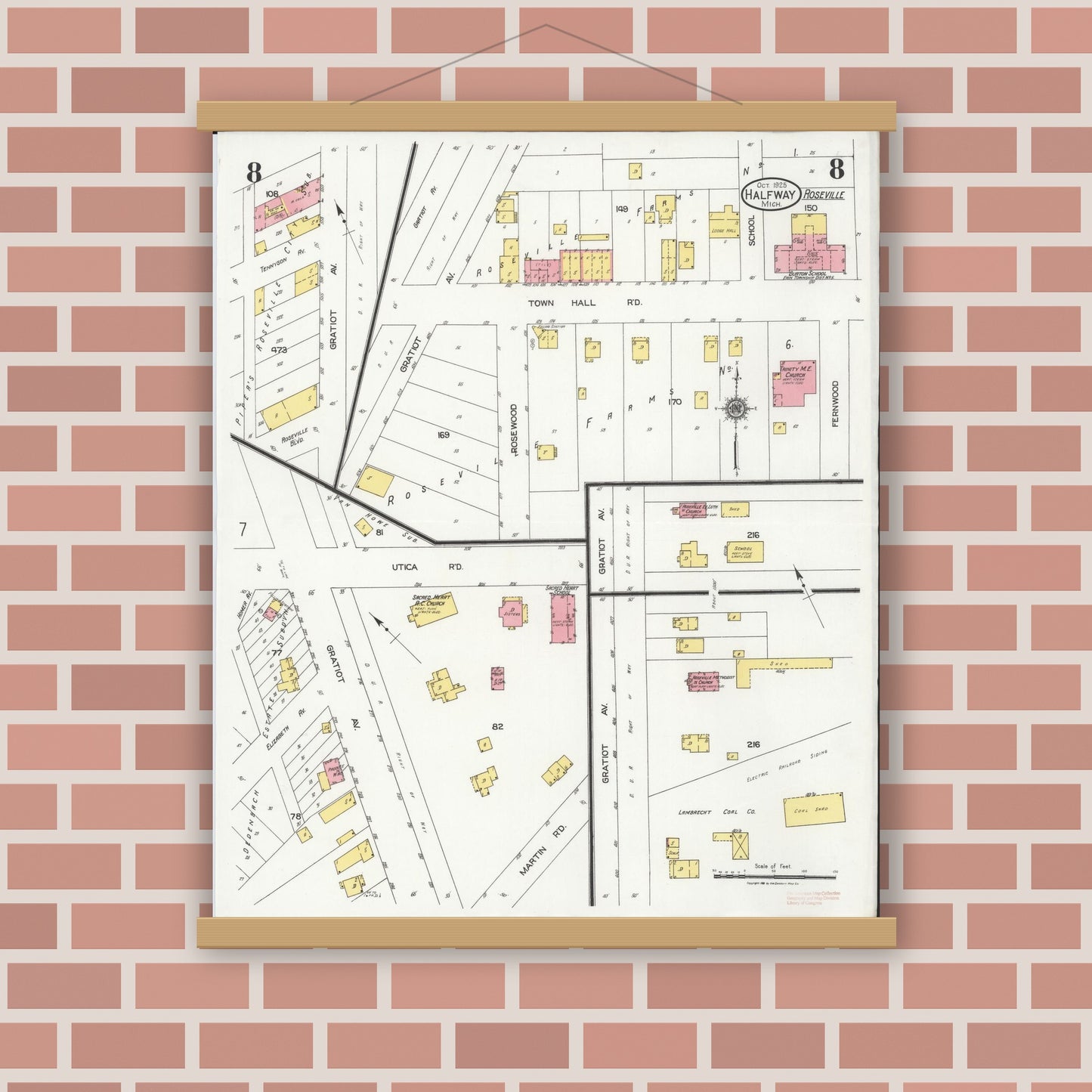 Old map wall art mockup — magnetic wood frame on brick wall — Sanborn Fire Insurance Map from Halfway, Macomb County, Michigan (1925), Sheet #0008