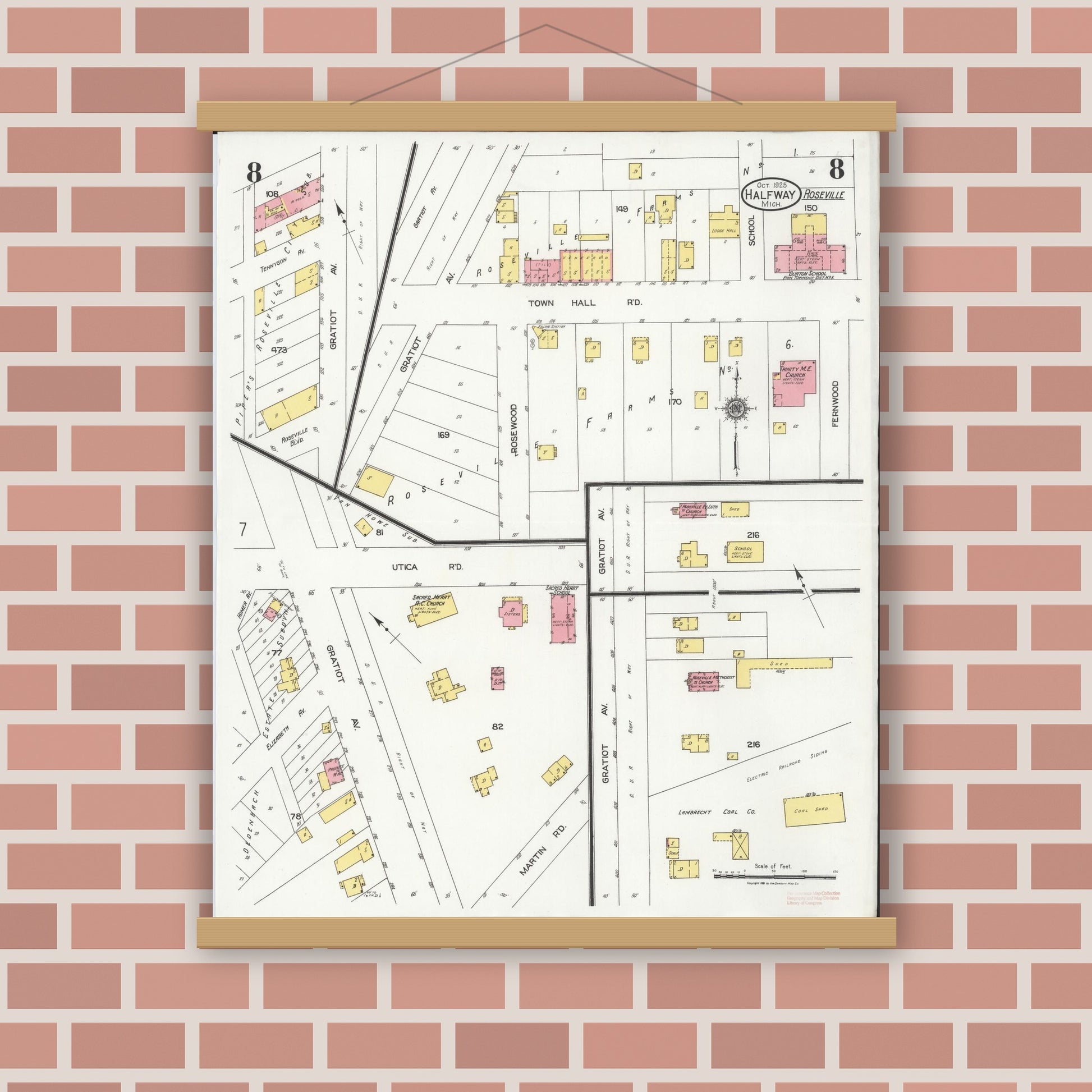 Old map wall art mockup — magnetic wood frame on brick wall — Sanborn Fire Insurance Map from Halfway, Macomb County, Michigan (1925), Sheet #0008
