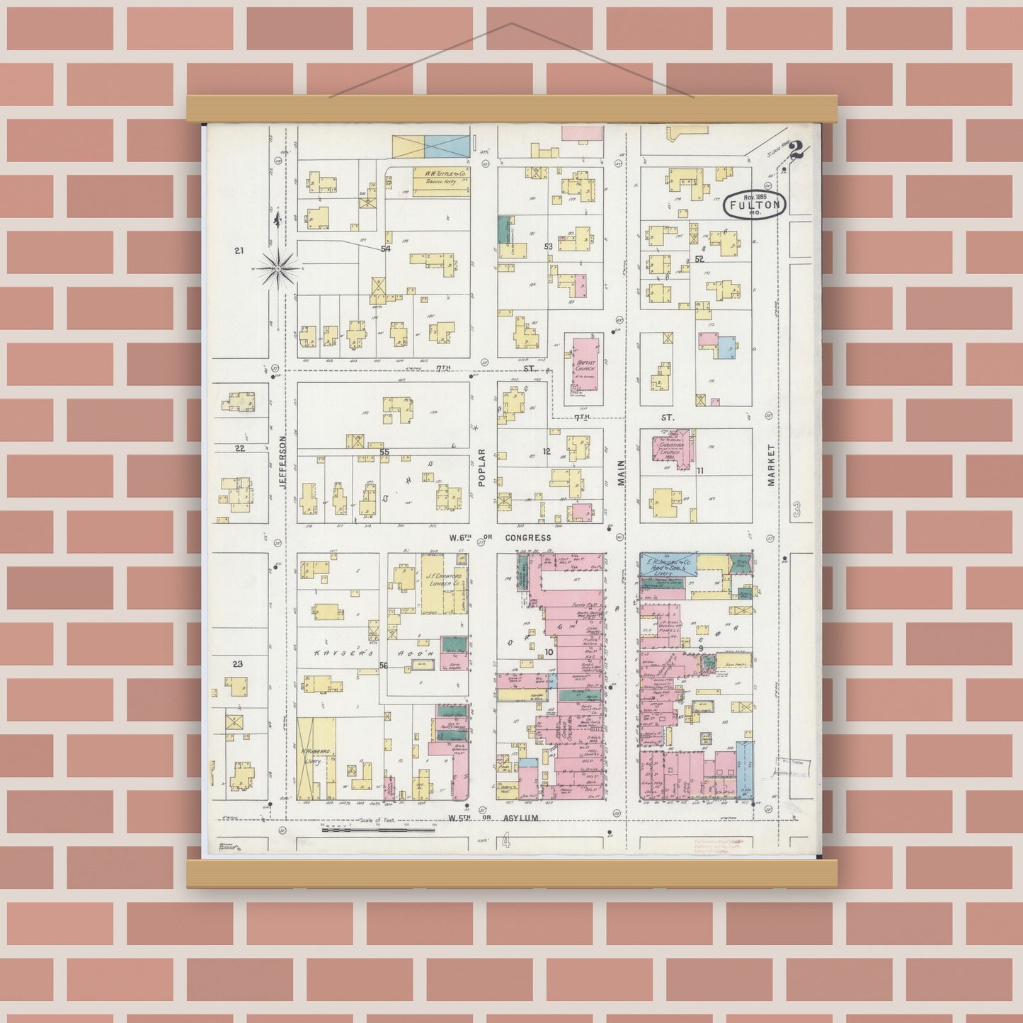Old map wall art mockup — magnetic wood frame on brick wall — Sanborn Fire Insurance Map from Fulton, Callaway County, Missouri (1895), Sheet #0002