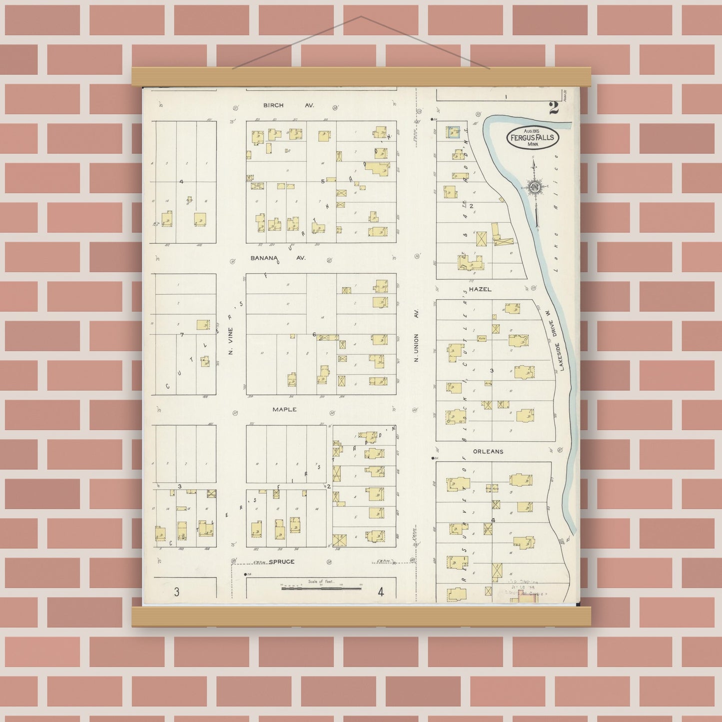 Old map wall art mockup — magnetic wood frame on brick wall — Sanborn Fire Insurance Map from Fergus Falls, Otter Tail County, Minnesota (1915), Sheet #0002
