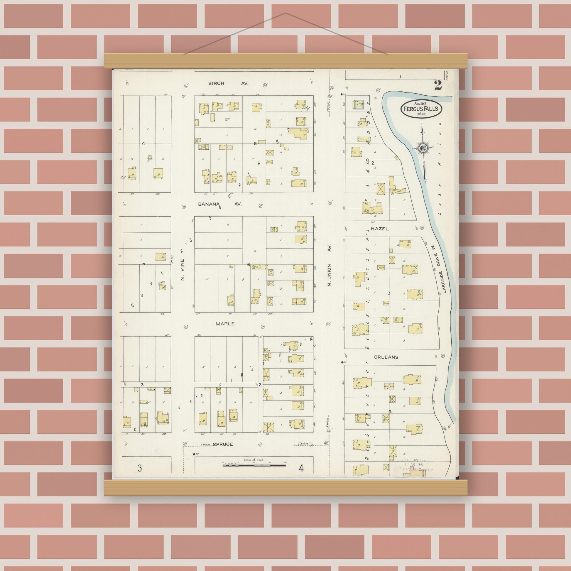 Old map wall art mockup — magnetic wood frame on brick wall — Sanborn Fire Insurance Map from Fergus Falls, Otter Tail County, Minnesota (1915), Sheet #0002