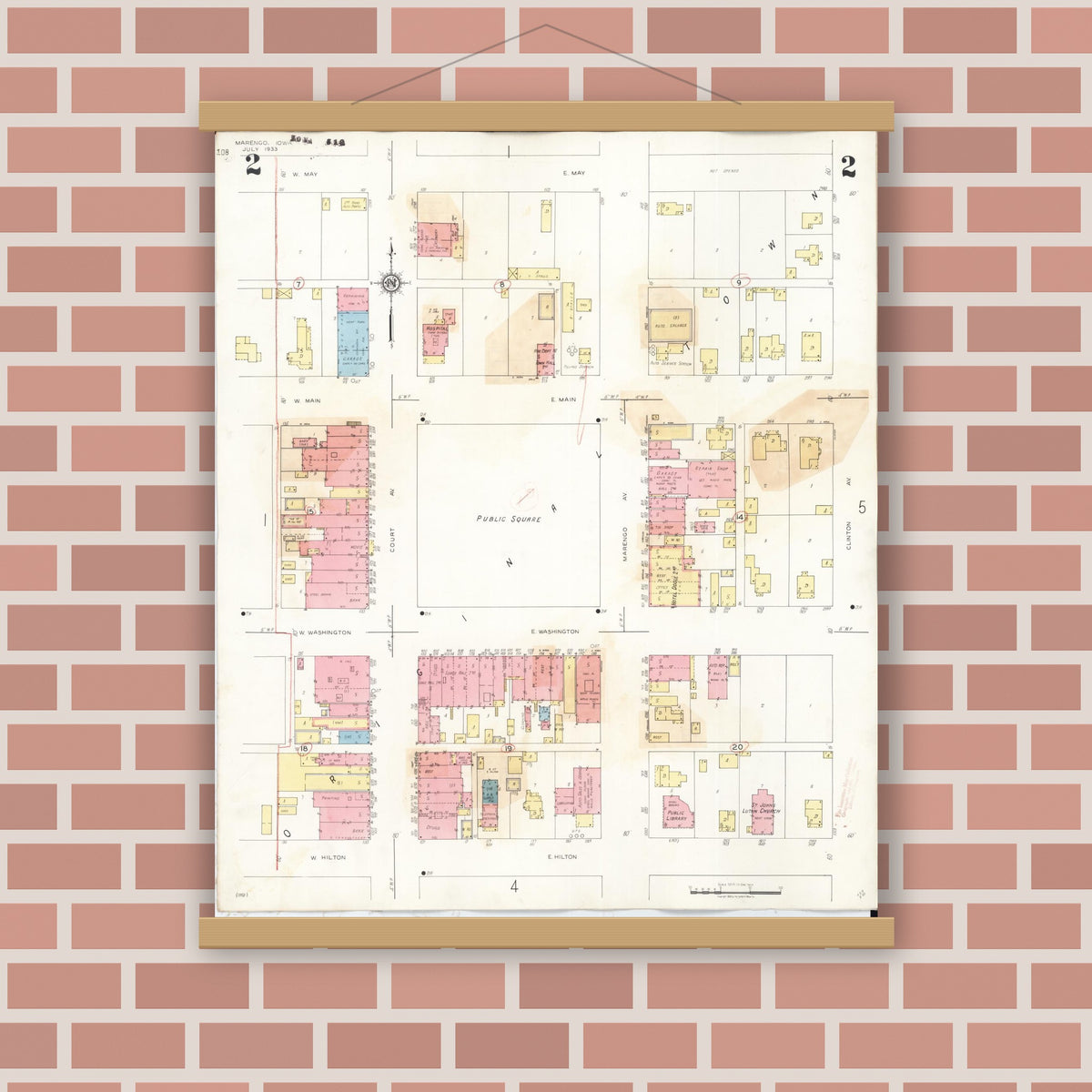 Old map wall art mockup — magnetic wood frame on brick wall — Sanborn Fire Insurance Map from Marengo, Iowa County, Iowa (1942), Sheet #0002
