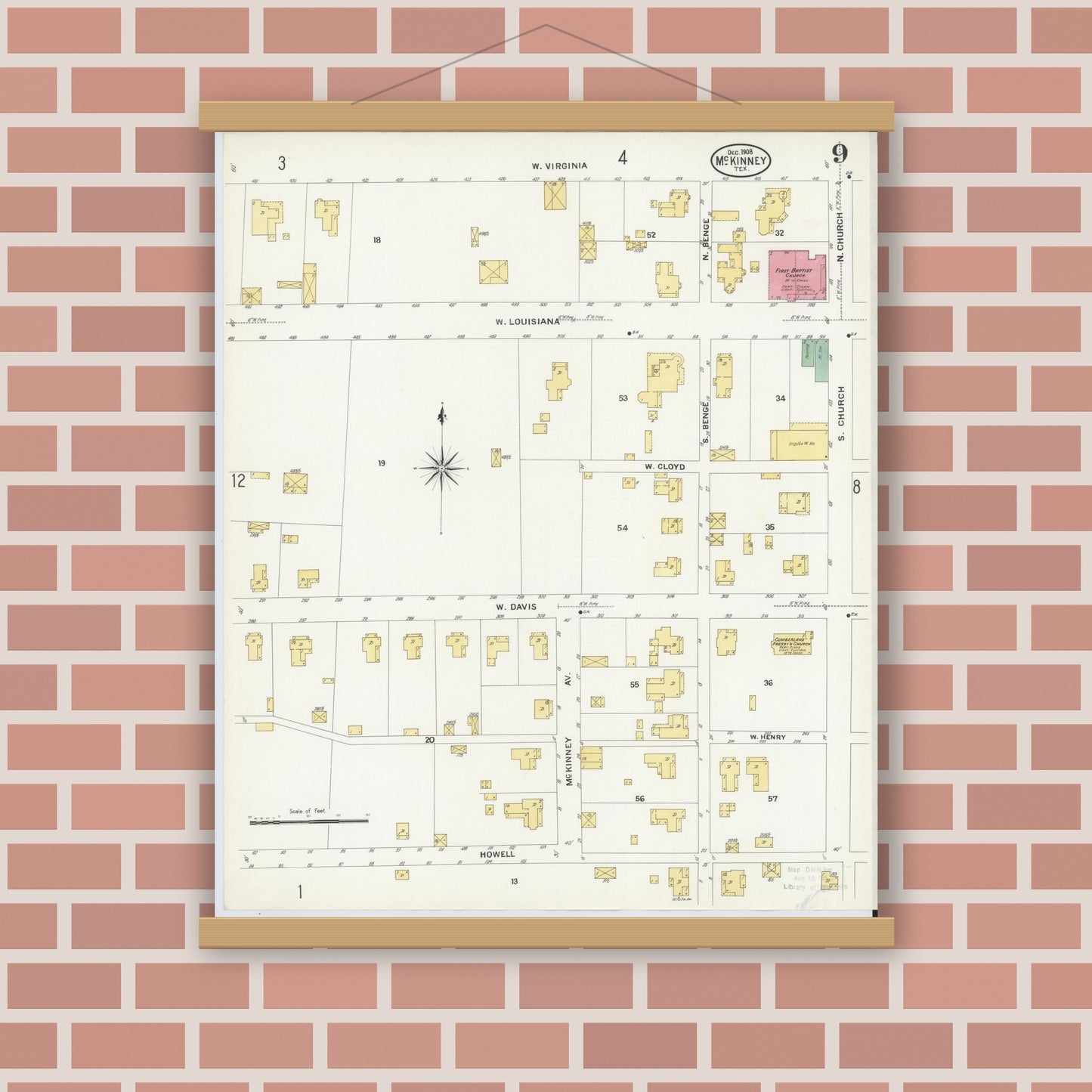 Old map wall art mockup — magnetic wood frame on brick wall — Sanborn Fire Insurance Map from McKinney, Collin County, Texas (1908), Sheet #0009