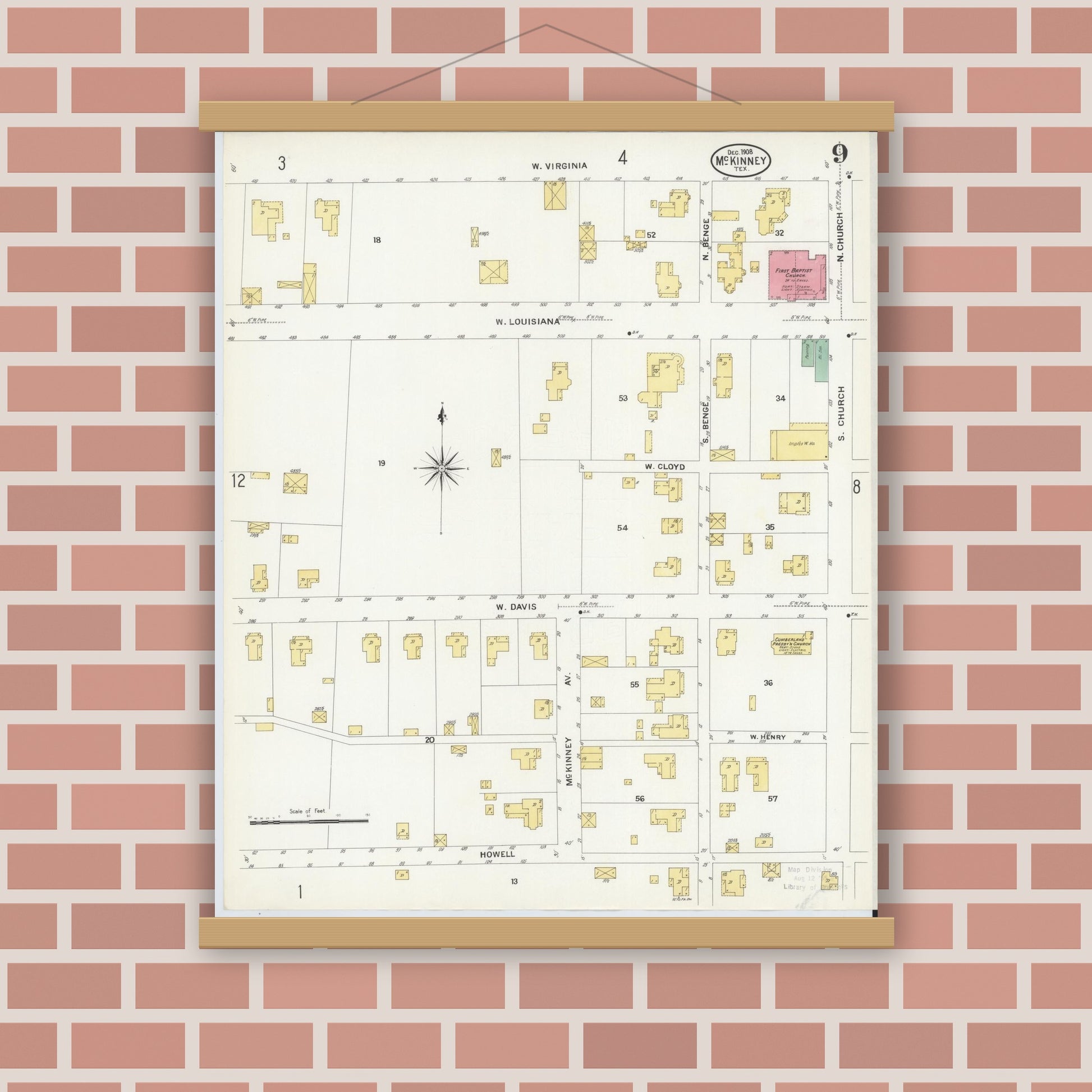 Old map wall art mockup — magnetic wood frame on brick wall — Sanborn Fire Insurance Map from McKinney, Collin County, Texas (1908), Sheet #0009