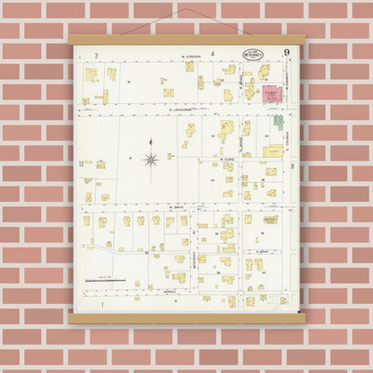 Old map wall art mockup — magnetic wood frame on brick wall — Sanborn Fire Insurance Map from McKinney, Collin County, Texas (1908), Sheet #0009