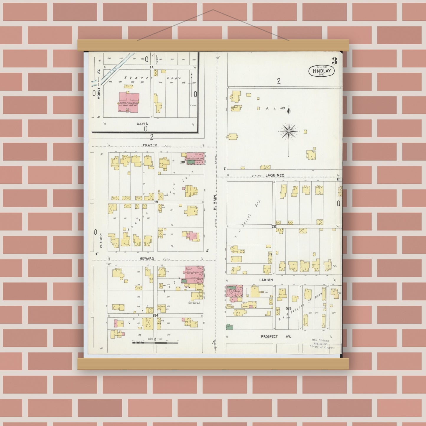 Old map wall art mockup — magnetic wood frame on brick wall — Sanborn Fire Insurance Map from Findlay, Hancock County, Ohio (1901), Sheet #0003