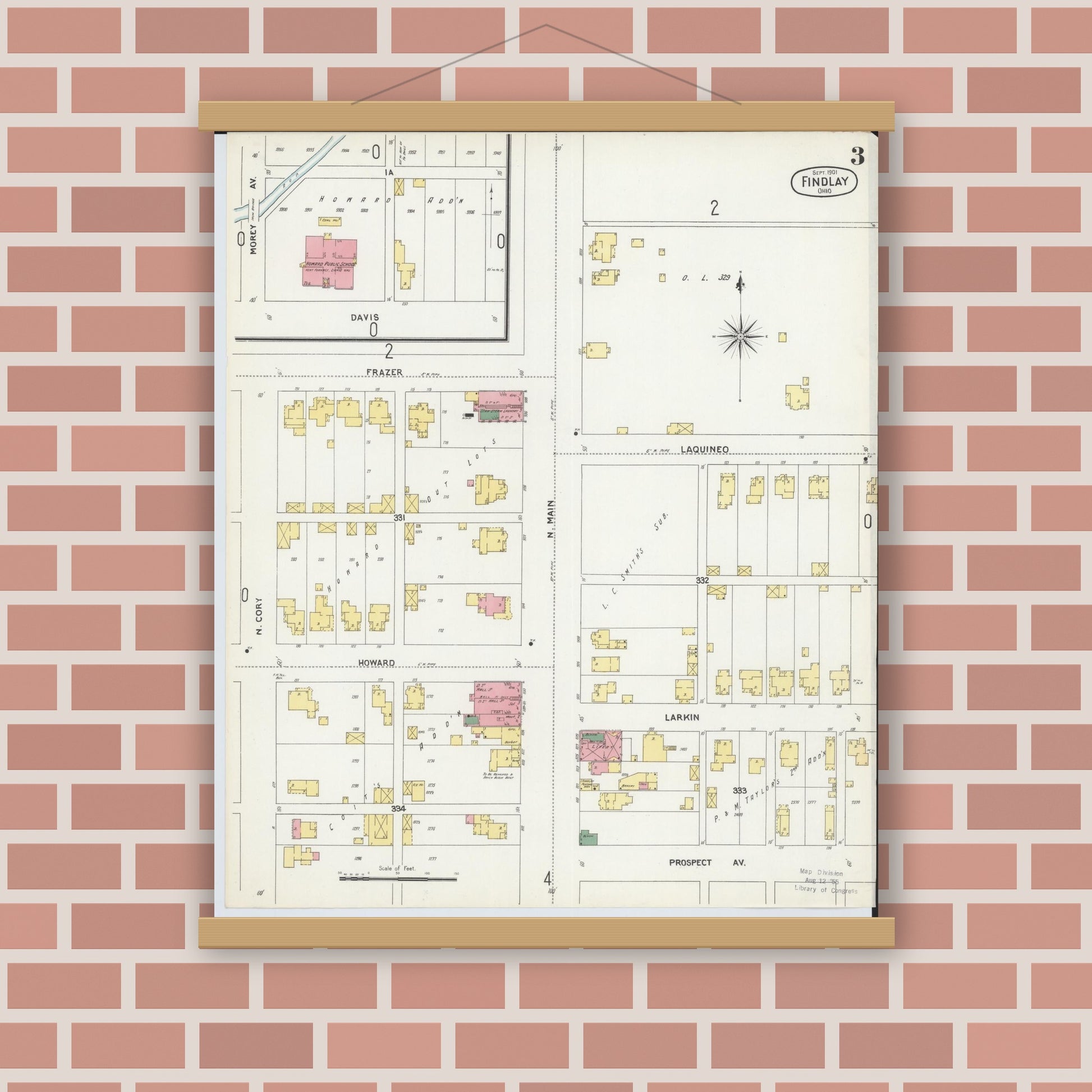 Old map wall art mockup — magnetic wood frame on brick wall — Sanborn Fire Insurance Map from Findlay, Hancock County, Ohio (1901), Sheet #0003