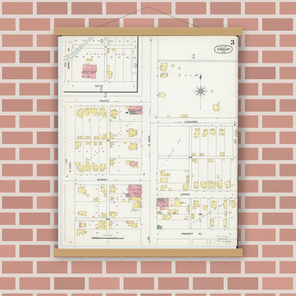 Old map wall art mockup — magnetic wood frame on brick wall — Sanborn Fire Insurance Map from Findlay, Hancock County, Ohio (1901), Sheet #0003