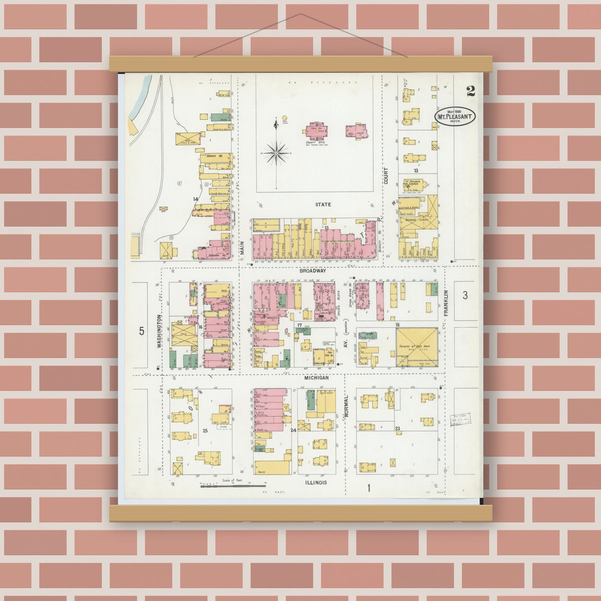 Old map wall art mockup — magnetic wood frame on brick wall — Sanborn Fire Insurance Map from Mount Pleasant, Isabella County, Michigan (1900), Sheet #0002