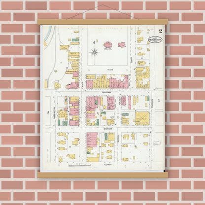 Old map wall art mockup — magnetic wood frame on brick wall — Sanborn Fire Insurance Map from Mount Pleasant, Isabella County, Michigan (1900), Sheet #0002