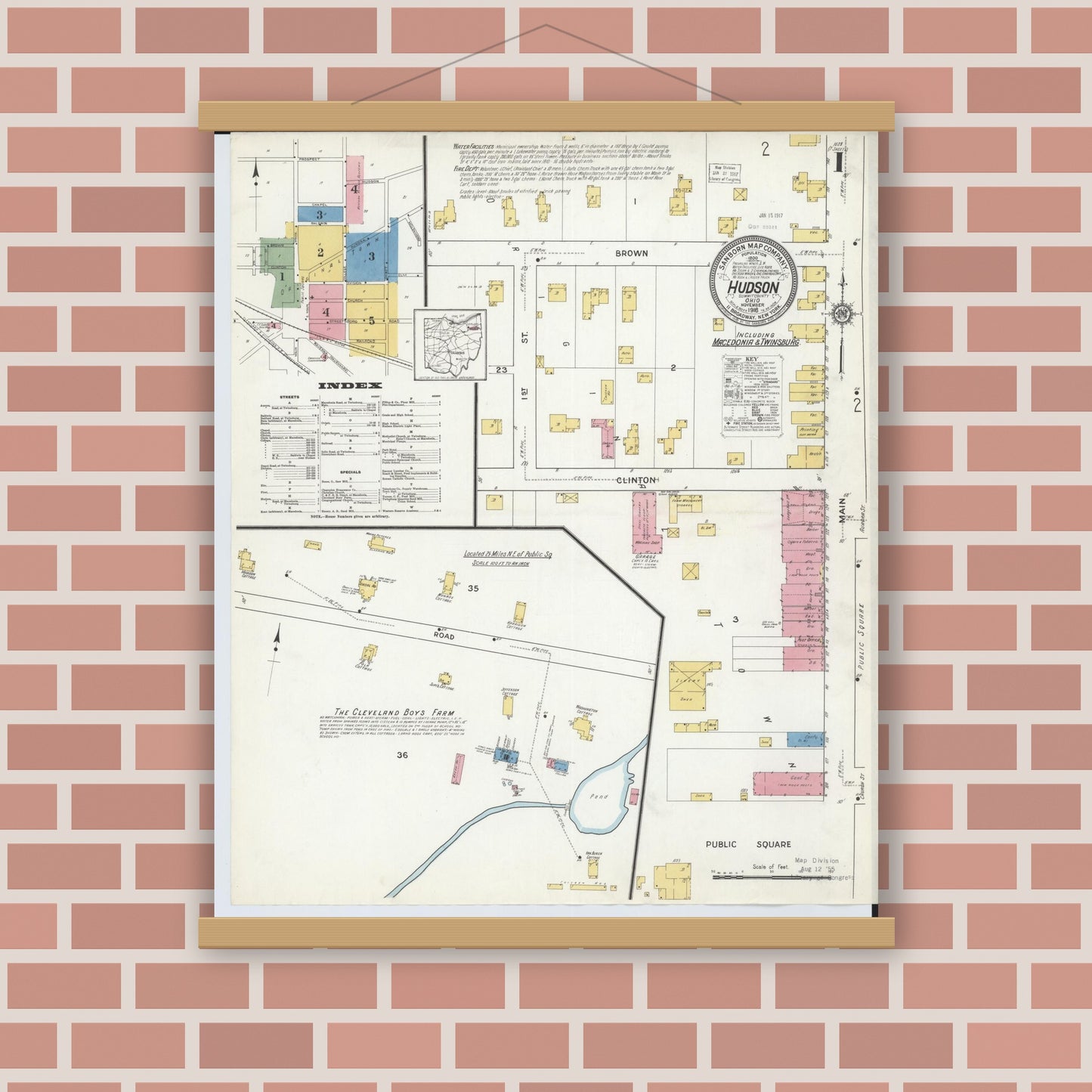 Old map wall art mockup — magnetic wood frame on brick wall — Sanborn Fire Insurance Map from Hudson, Summit County, Ohio (1916) - Complete Map Set