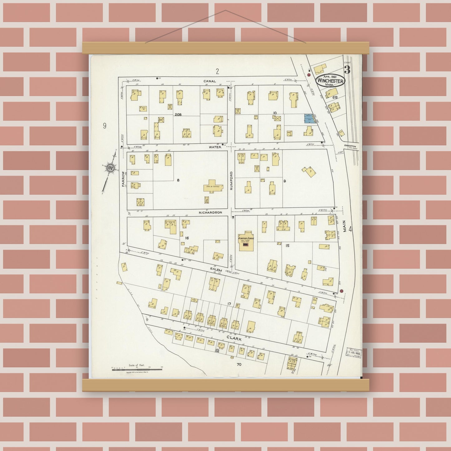 Old map wall art mockup — magnetic wood frame on brick wall — Sanborn Fire Insurance Map from Winchester, Middlesex County, Massachusetts (1921), Sheet #0003