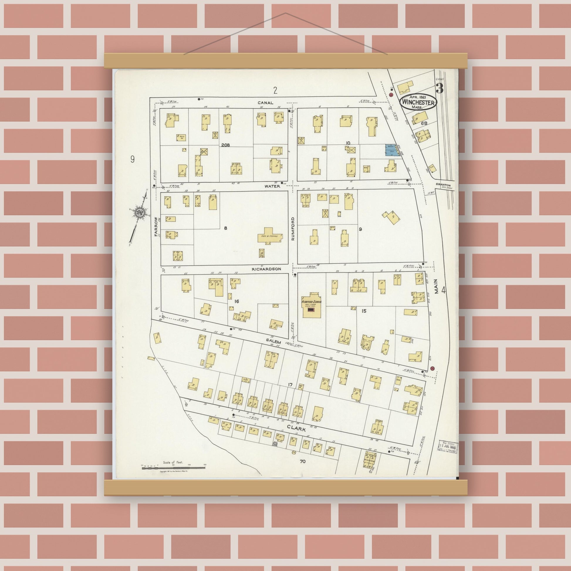 Old map wall art mockup — magnetic wood frame on brick wall — Sanborn Fire Insurance Map from Winchester, Middlesex County, Massachusetts (1921), Sheet #0003
