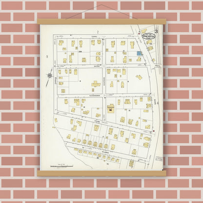 Old map wall art mockup — magnetic wood frame on brick wall — Sanborn Fire Insurance Map from Winchester, Middlesex County, Massachusetts (1921), Sheet #0003