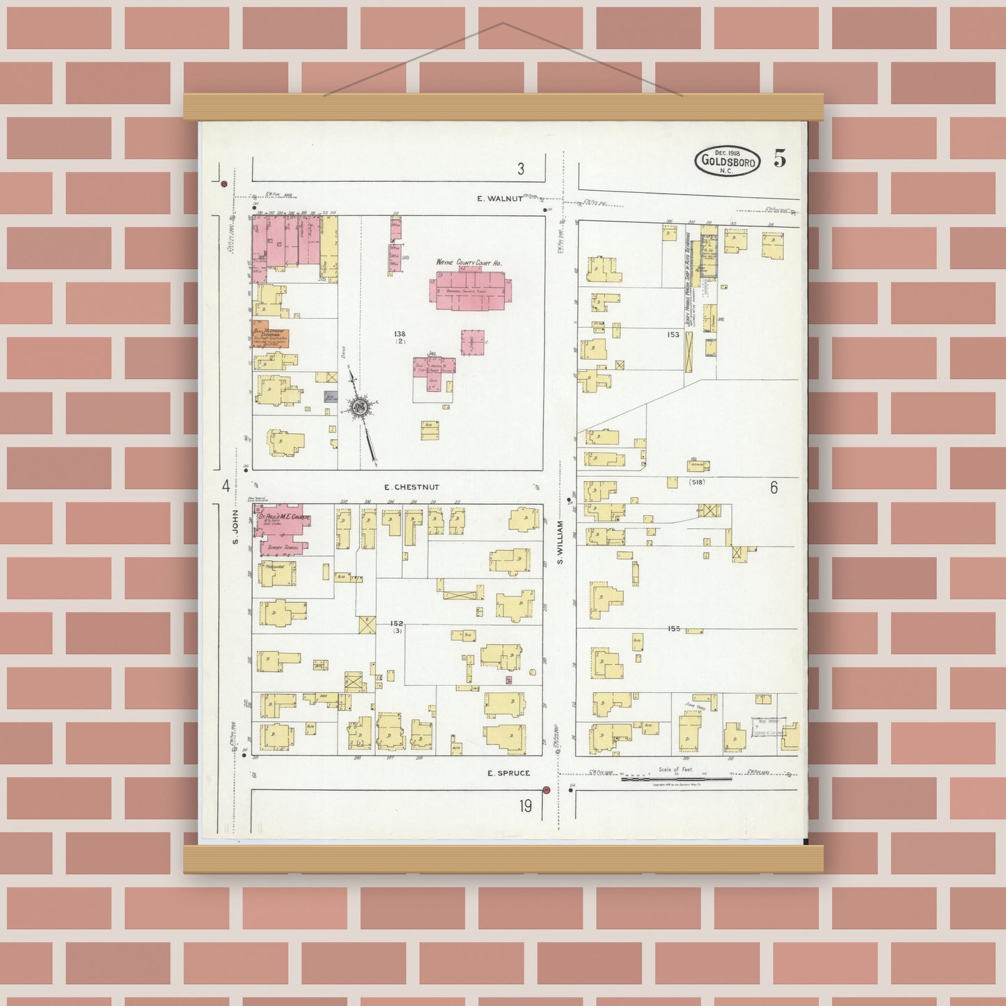 Old map wall art mockup — magnetic wood frame on brick wall — Sanborn Fire Insurance Map from Goldsboro, Wayne County, North Carolina (1918), Sheet #0005