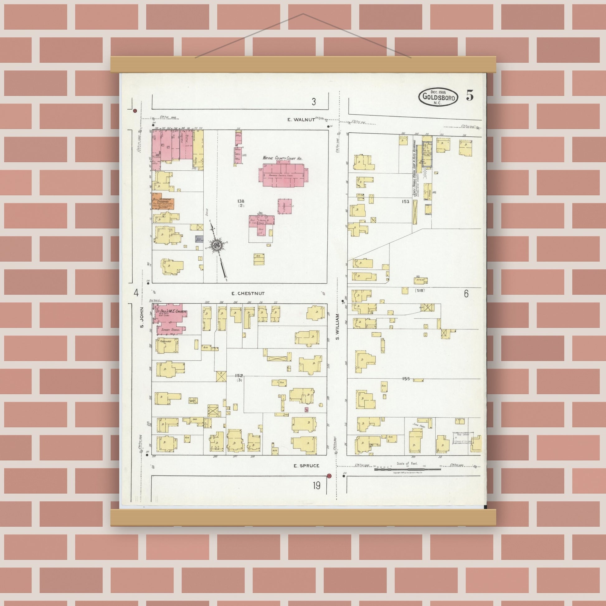 Old map wall art mockup — magnetic wood frame on brick wall — Sanborn Fire Insurance Map from Goldsboro, Wayne County, North Carolina (1918), Sheet #0005