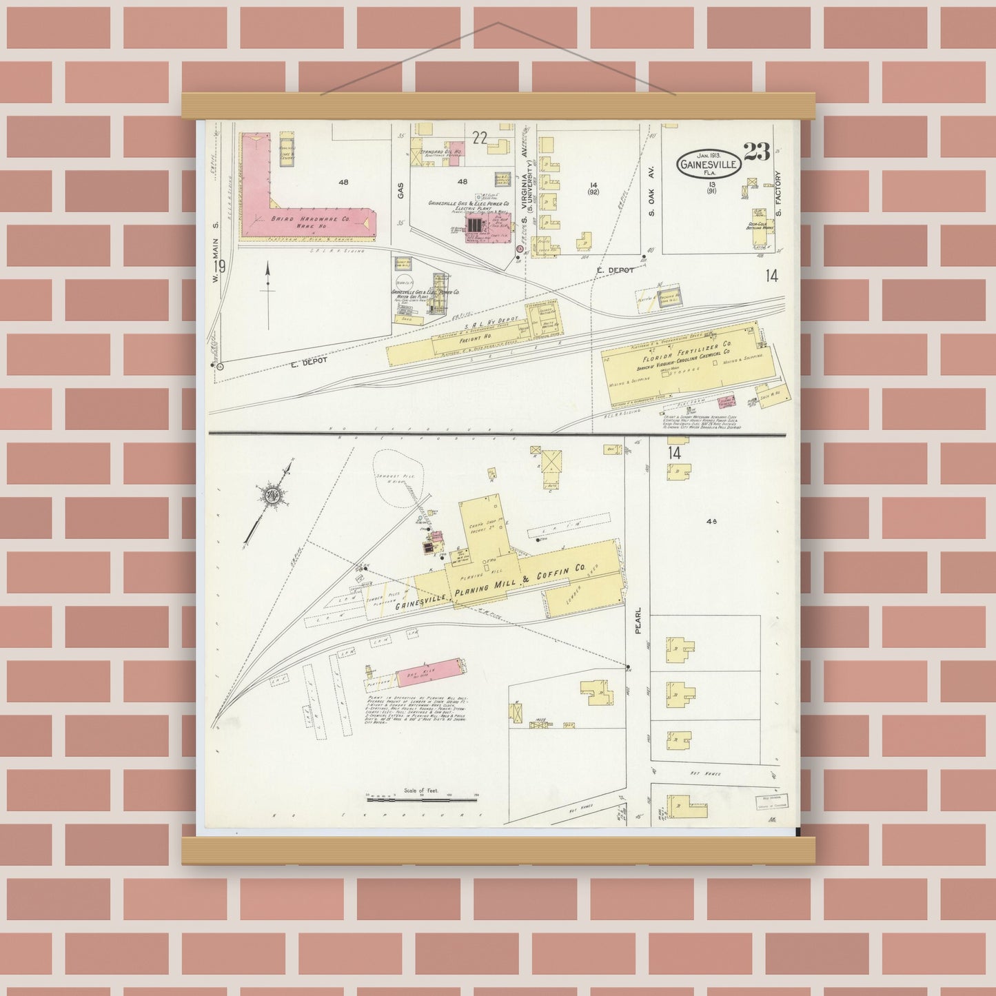 Old map wall art mockup — magnetic wood frame on brick wall — Sanborn Fire Insurance Map from Gainesville, Alachua County, Florida (1913), Sheet #0023