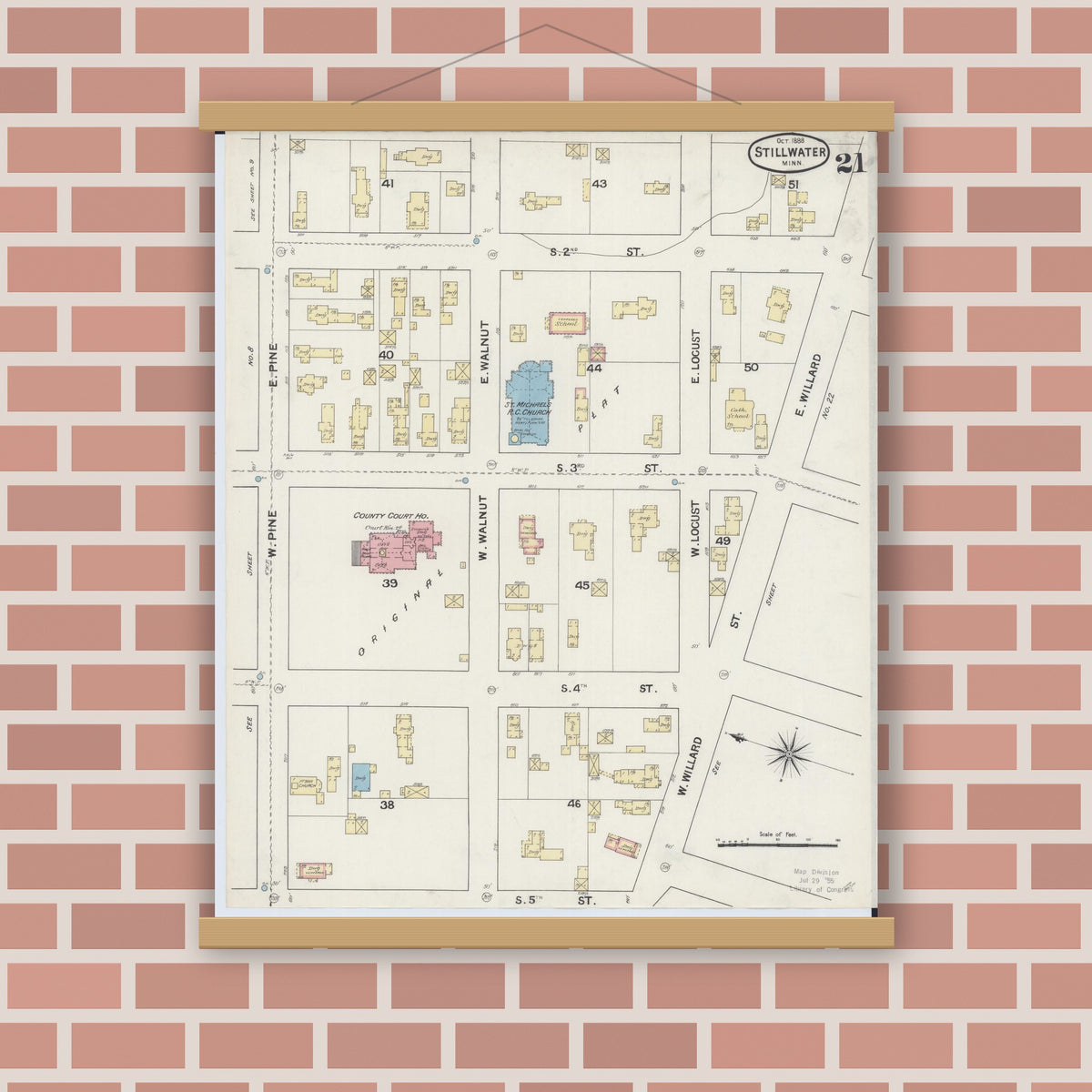 Old map wall art mockup — magnetic wood frame on brick wall — Sanborn Fire Insurance Map from Stillwater, Washington County, Minnesota (1888), Sheet #0021