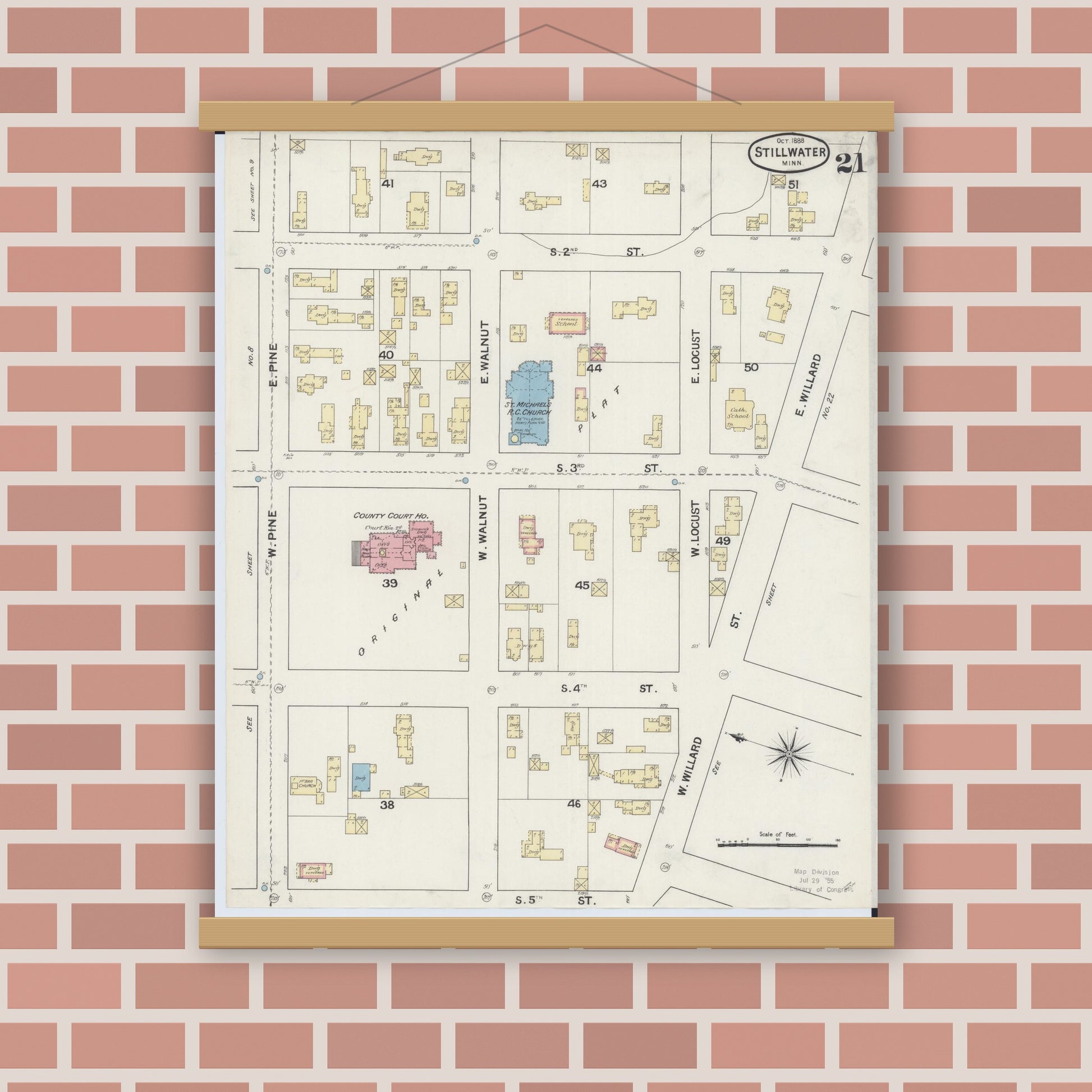 Old map wall art mockup — magnetic wood frame on brick wall — Sanborn Fire Insurance Map from Stillwater, Washington County, Minnesota (1888), Sheet #0021