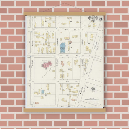 Old map wall art mockup — magnetic wood frame on brick wall — Sanborn Fire Insurance Map from Stillwater, Washington County, Minnesota (1888), Sheet #0021