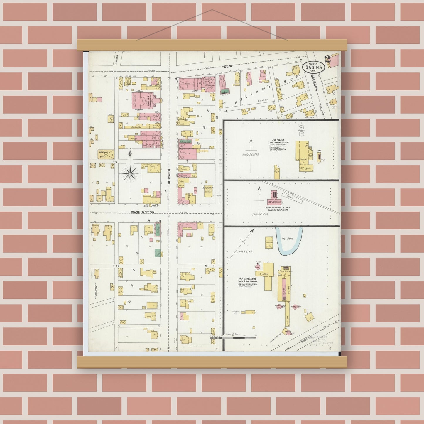 Old map wall art mockup — magnetic wood frame on brick wall — Sanborn Fire Insurance Map from Sabina, Clinton County, Ohio (1899), Sheet #0002