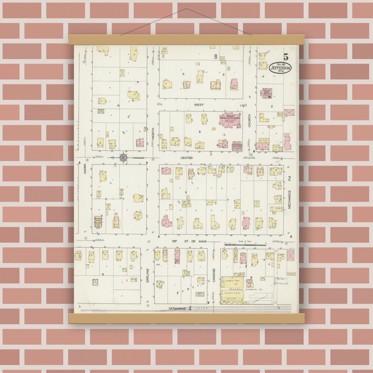 Old map wall art mockup — magnetic wood frame on brick wall — Sanborn Fire Insurance Map from Jefferson, Jefferson County, Wisconsin (1914), Sheet #0005