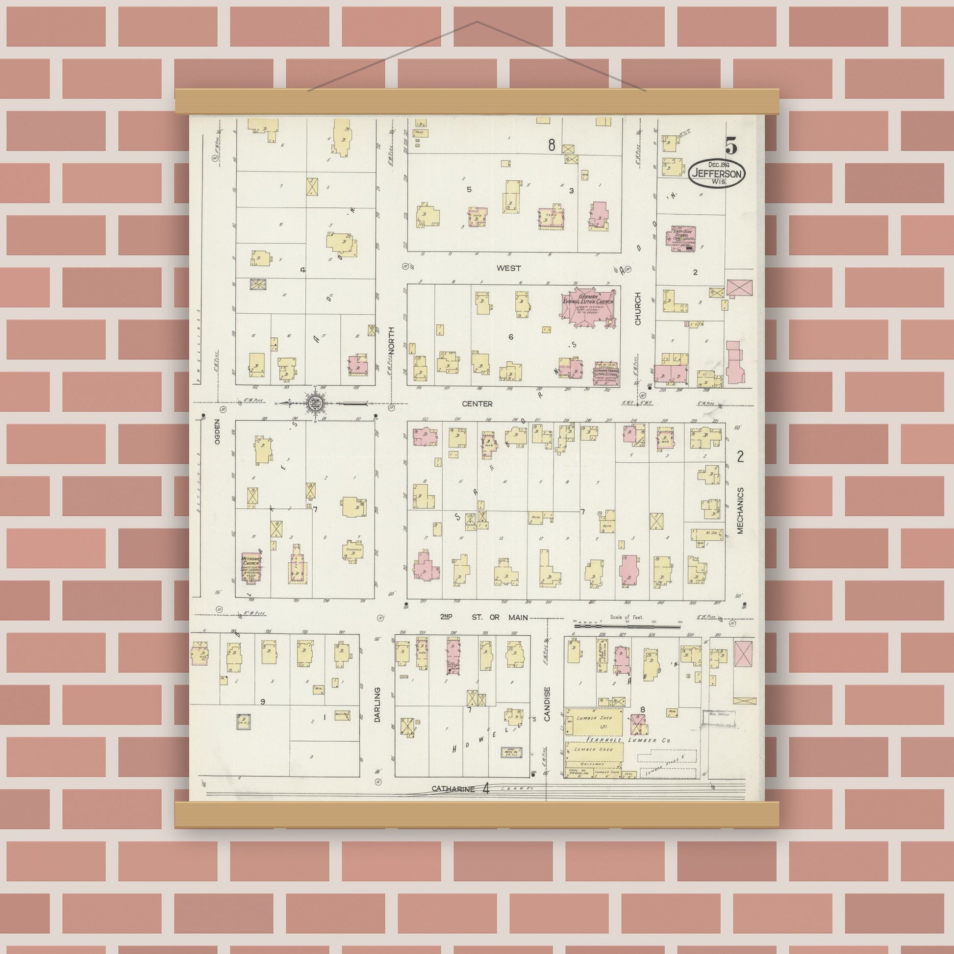 Old map wall art mockup — magnetic wood frame on brick wall — Sanborn Fire Insurance Map from Jefferson, Jefferson County, Wisconsin (1914), Sheet #0005