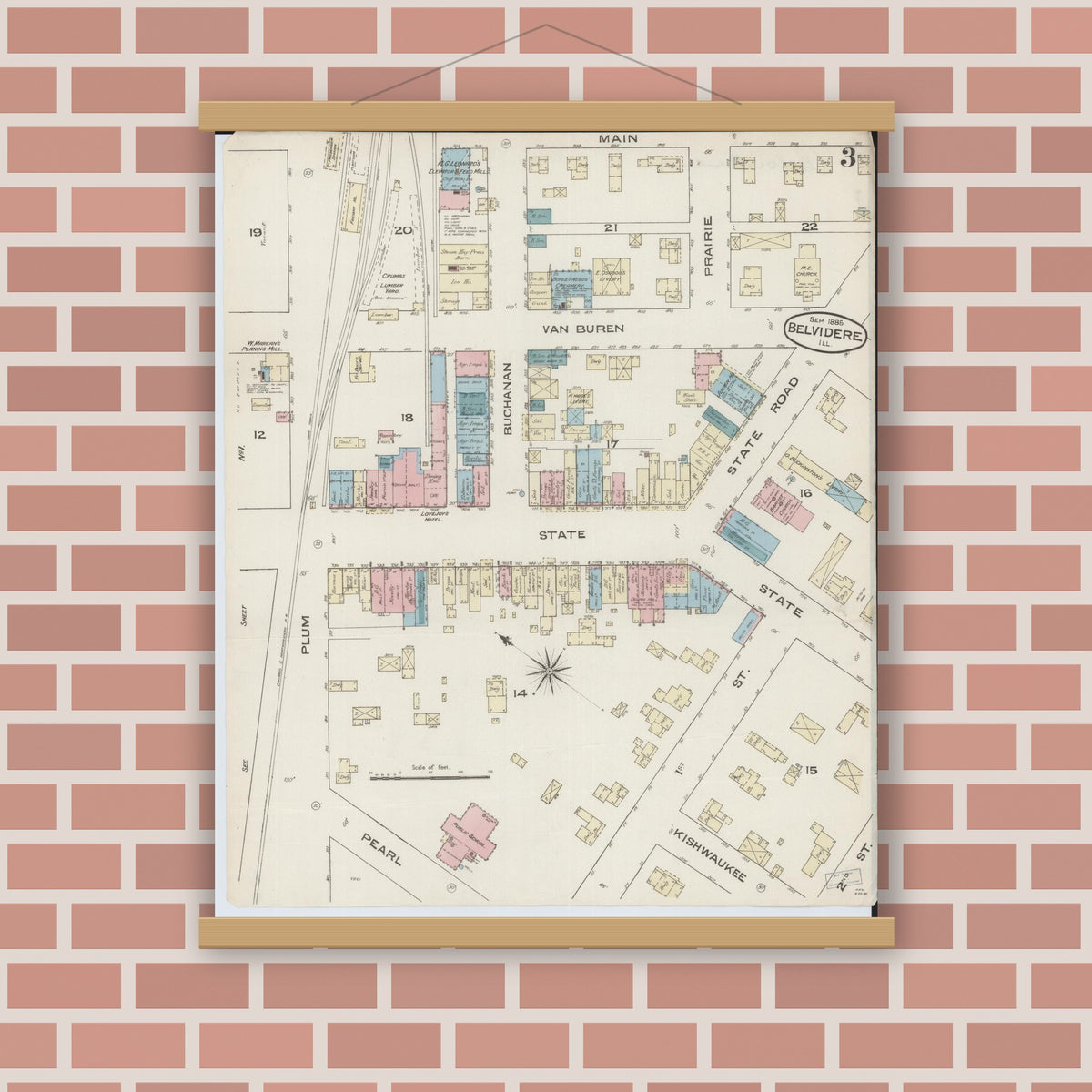 Old map wall art mockup — magnetic wood frame on brick wall — Sanborn Fire Insurance Map from Belvidere, Boone County, Illinois (1885), Sheet #0003