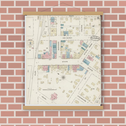 Old map wall art mockup — magnetic wood frame on brick wall — Sanborn Fire Insurance Map from Belvidere, Boone County, Illinois (1885), Sheet #0003