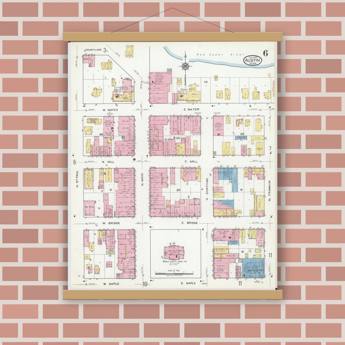Old map wall art mockup — magnetic wood frame on brick wall — Sanborn Fire Insurance Map from Austin, Mower County, Minnesota (1917), Sheet #0006