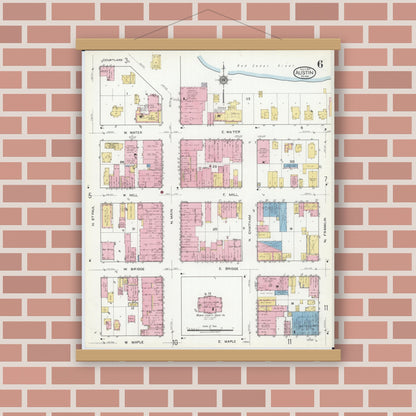 Old map wall art mockup — magnetic wood frame on brick wall — Sanborn Fire Insurance Map from Austin, Mower County, Minnesota (1917), Sheet #0006