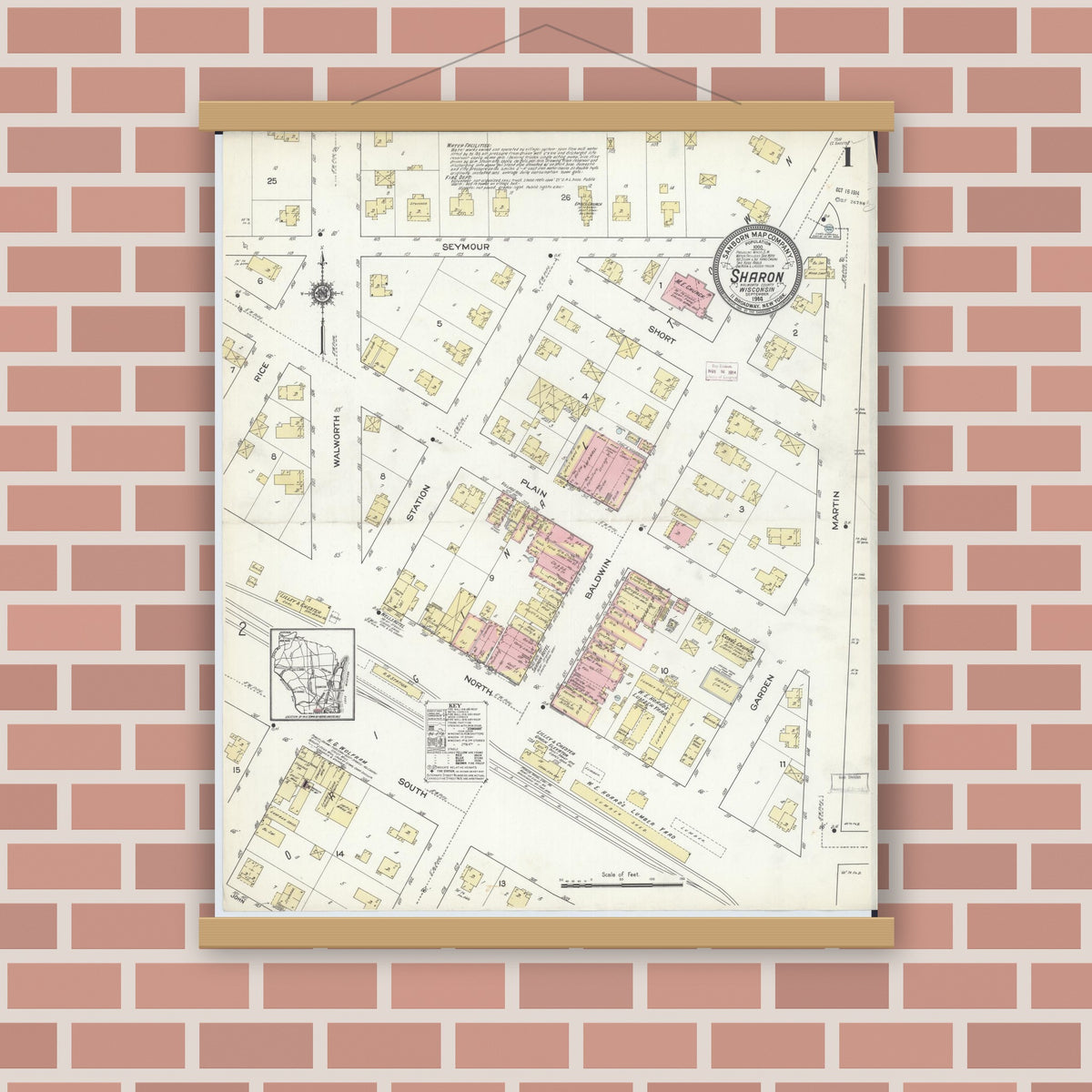 Old map wall art mockup — magnetic wood frame on brick wall — Sanborn Fire Insurance Map from Sharon, Walworth County, Wisconsin (1914) - Complete Map Set