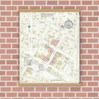 Old map wall art mockup — magnetic wood frame on brick wall — Sanborn Fire Insurance Map from Sharon, Walworth County, Wisconsin (1914) - Complete Map Set