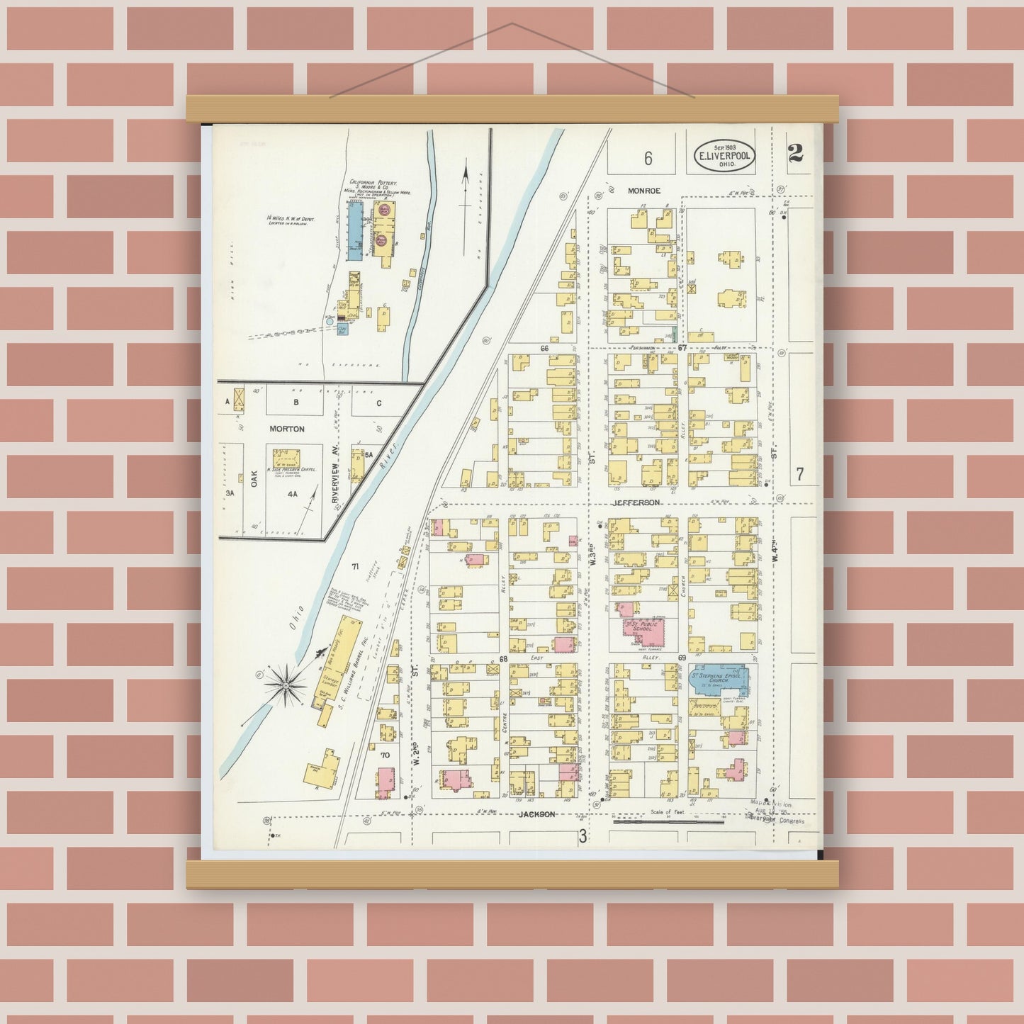 Old map wall art mockup — magnetic wood frame on brick wall — Sanborn Fire Insurance Map from East Liverpool, Columbiana County, Ohio (1903), Sheet #0002