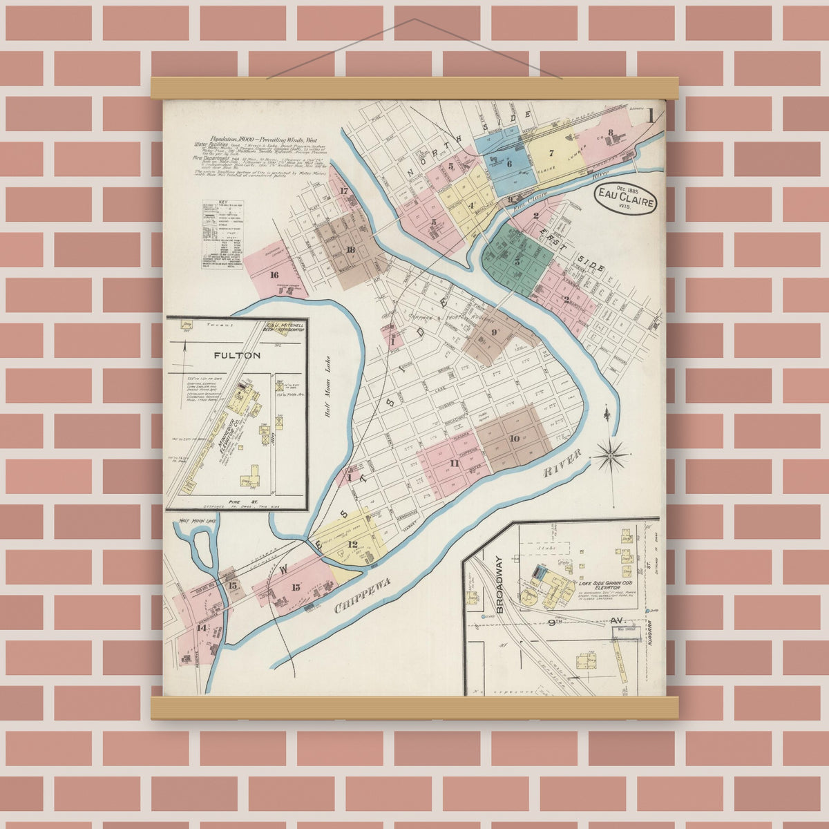 Old map wall art mockup — magnetic wood frame on brick wall — Sanborn Fire Insurance Map from Eau Claire, Eau Claire County, Wisconsin (1885), Sheet #0001