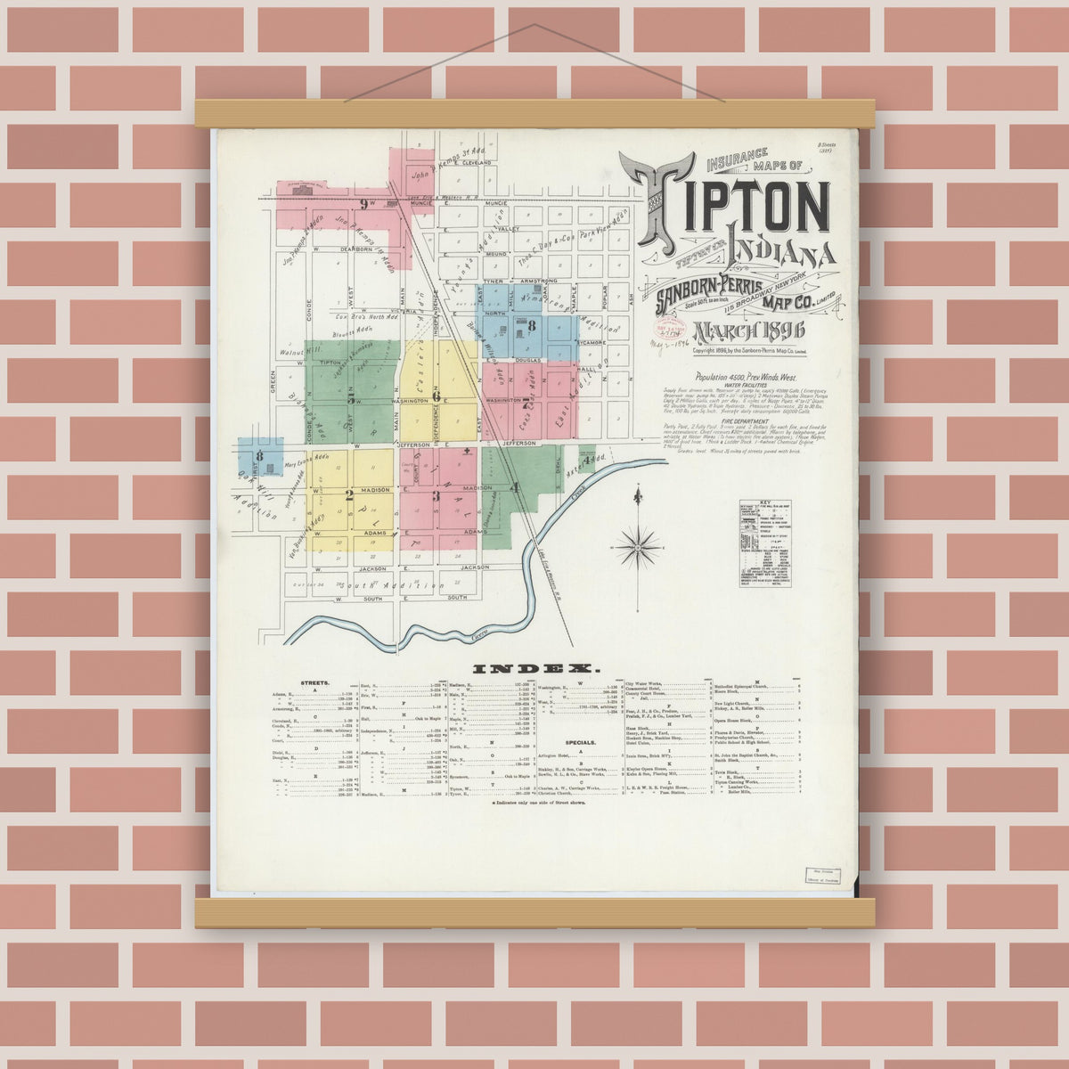 Old map wall art mockup — magnetic wood frame on brick wall — Sanborn Fire Insurance Map from Tipton, Tipton County, Indiana (1896), Sheet #0001