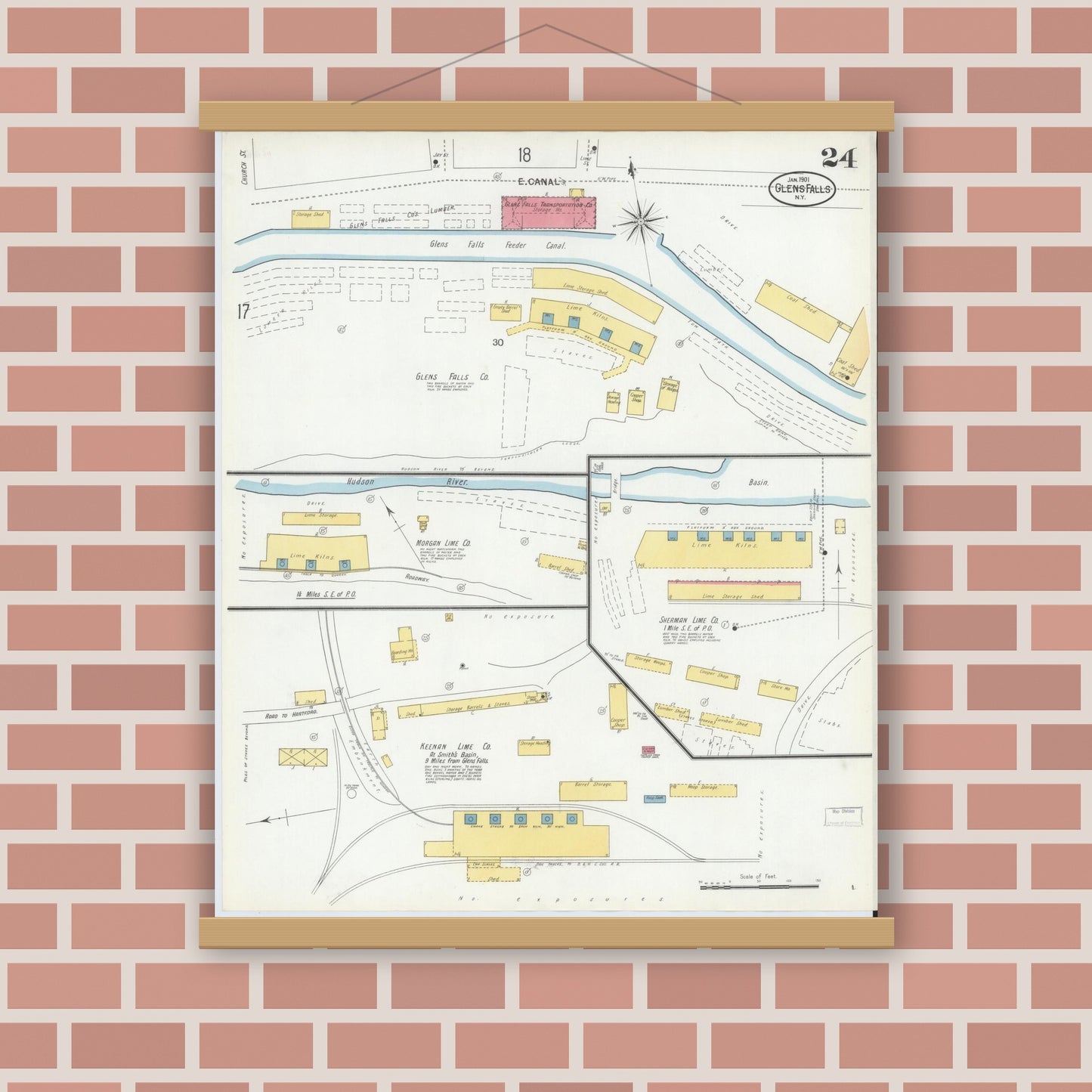 Old map wall art mockup — magnetic wood frame on brick wall — Sanborn Fire Insurance Map from Glens Falls, Warren County, New York (1901), Sheet #0024
